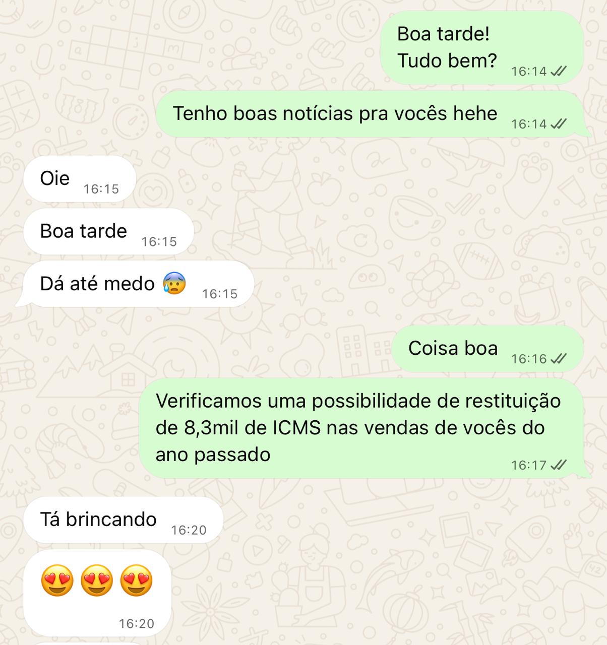 Print de conversa de WhatsApp com parceira elogiando o atendimento da equipe